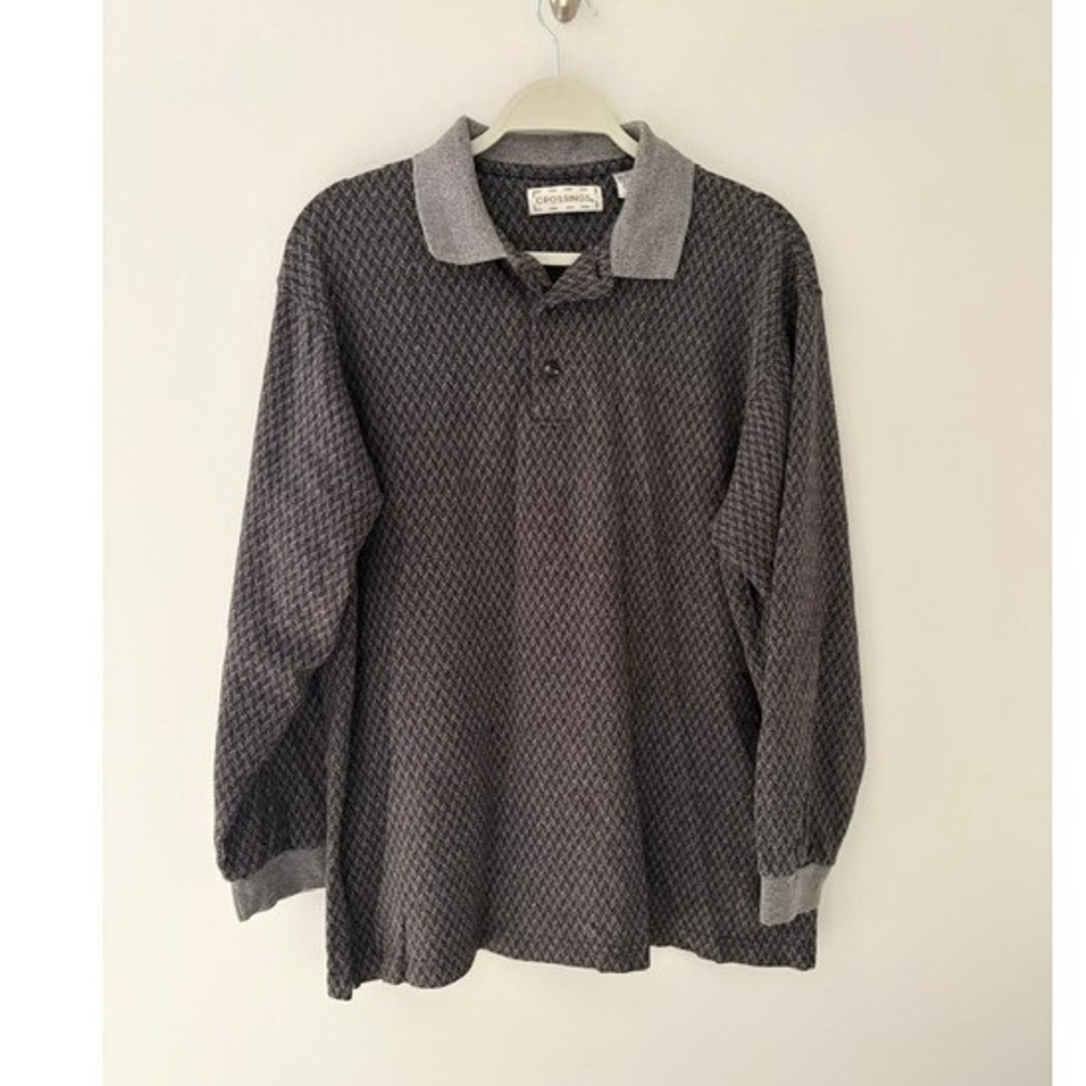 Vintage Crossings Mens Long Sleeve Knit Polo Shirt Large Charcoal Grey Chevron